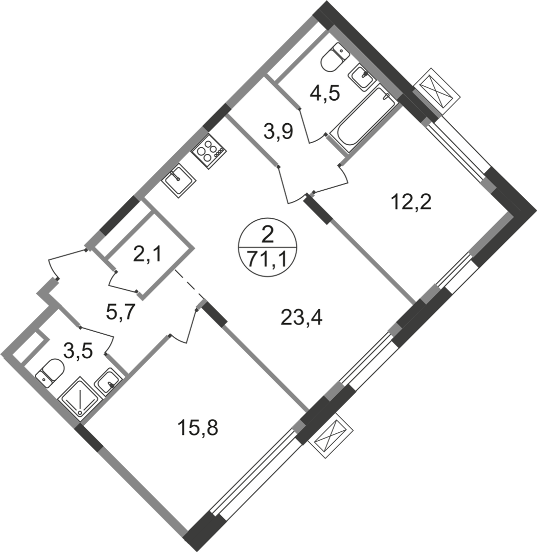 2 комн. квартира, 71.1 м², 7 этаж  (из 9)