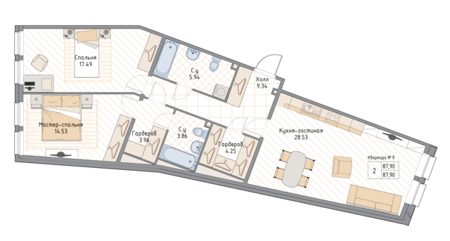 2 комн. квартира, 87.9 м², 2 этаж 