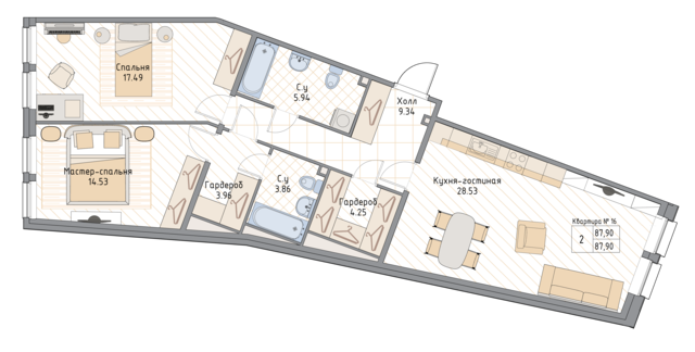 2 комн. квартира, 87.9 м², 3 этаж 