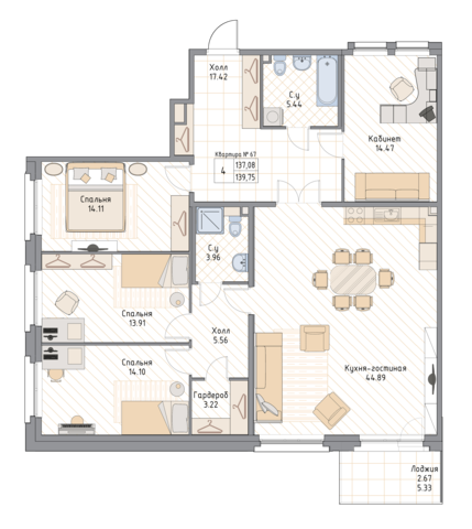 4 комн. квартира, 139.8 м², 4 этаж 