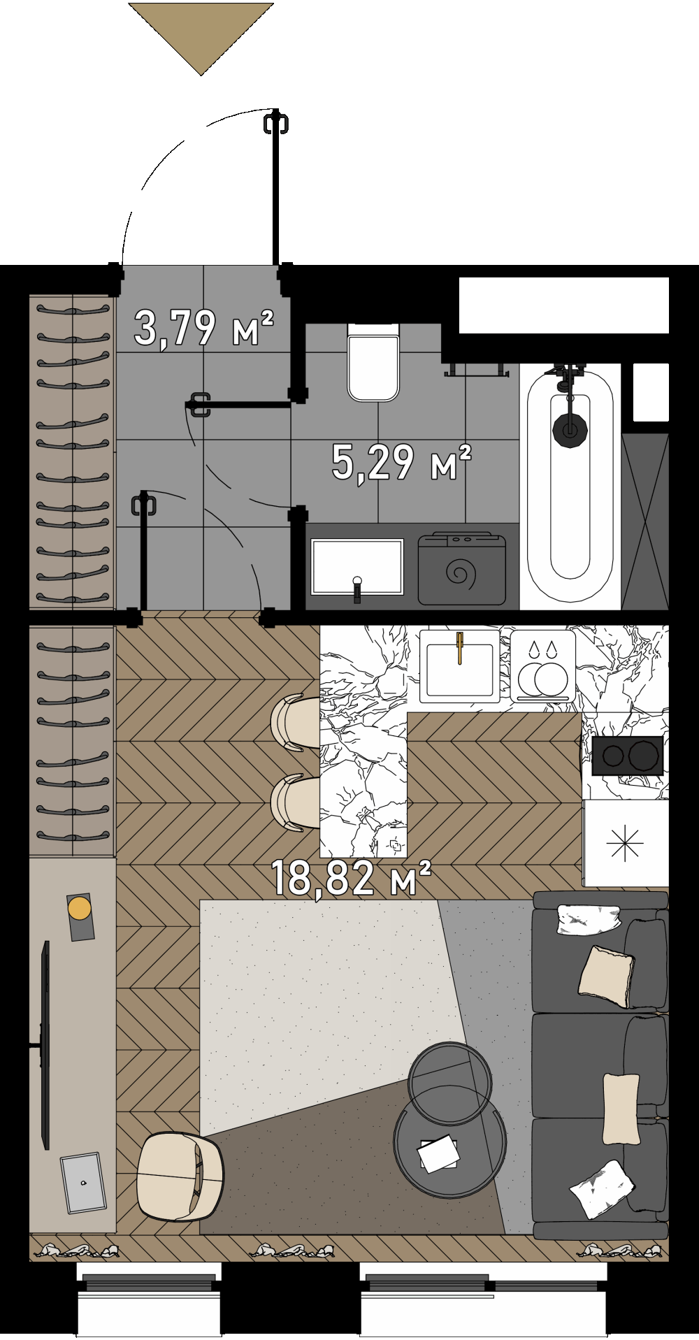 1 комн. квартира, 27.6 м², 1 этаж  (из 23)