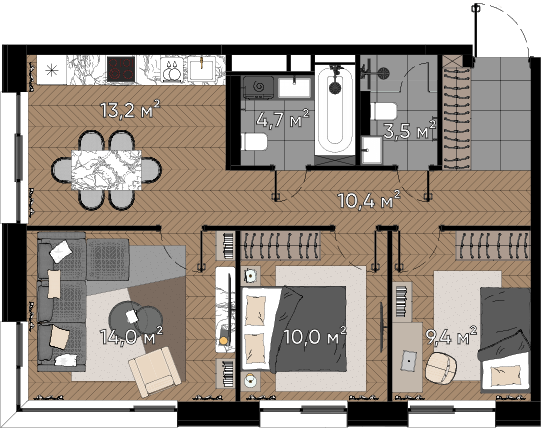 3 комн. квартира, 65.2 м², 1 этаж  (из 23)