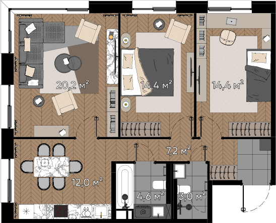 3 комн. квартира, 75.8 м², 1 этаж  (из 23)