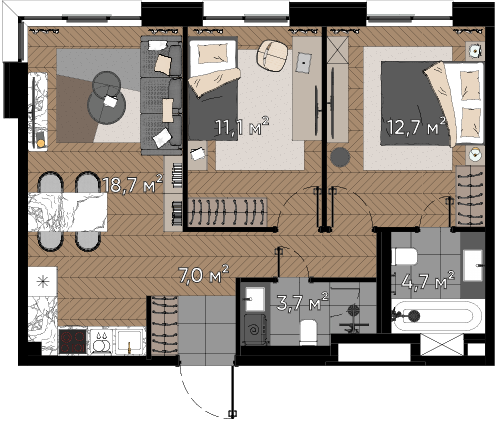 2 комн. квартира, 57.9 м², 1 этаж  (из 23)