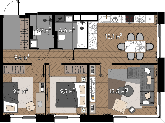 3 комн. квартира, 67.4 м², 1 этаж  (из 23)