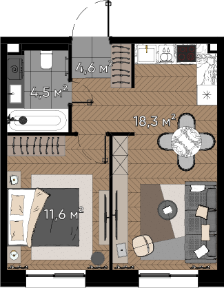 1 комн. квартира, 39 м², 1 этаж  (из 23)