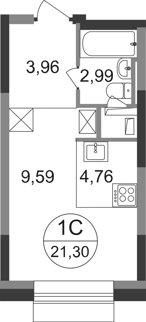 студия, 21.3 м², 21 этаж  (из 22)