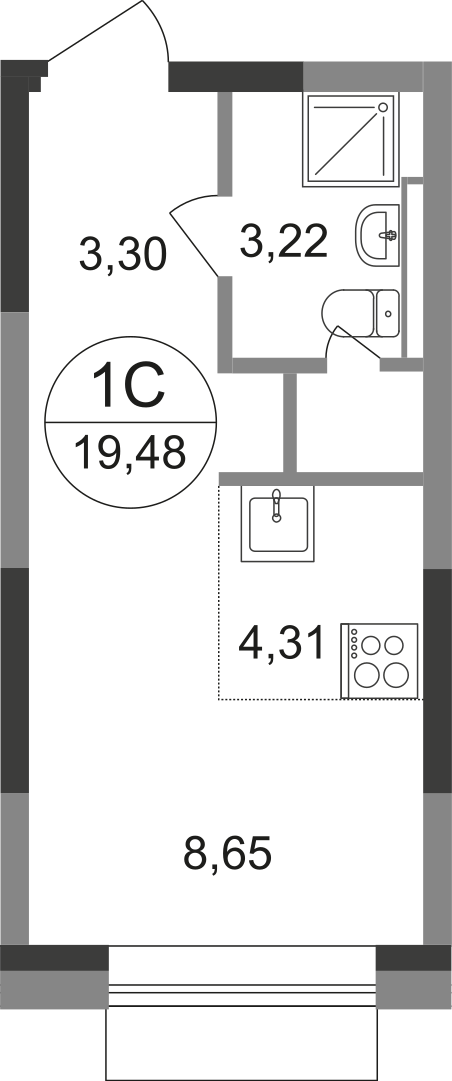 студия, 19.5 м², 14 этаж  (из 22)