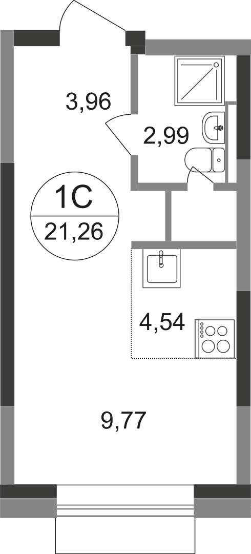 студия, 21.3 м², 21 этаж  (из 22)
