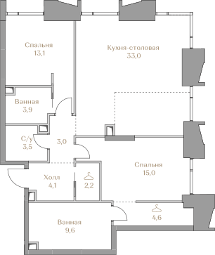 2 комн. квартира, 92 м², 9 этаж  (из 17)