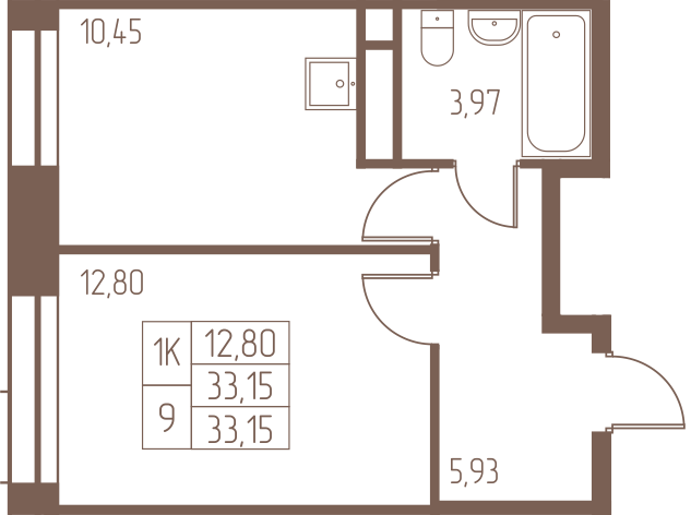 1 комн. квартира, 33.1 м², 21 этаж 