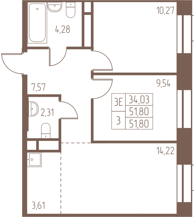 3 комн. квартира, 51.8 м², 17 этаж 