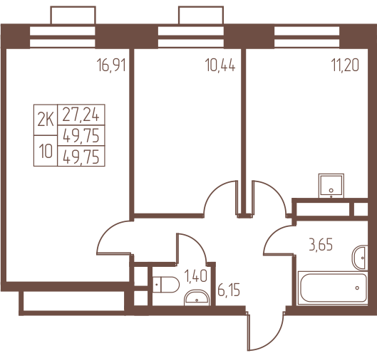 2 комн. квартира, 49.8 м², 15 этаж 