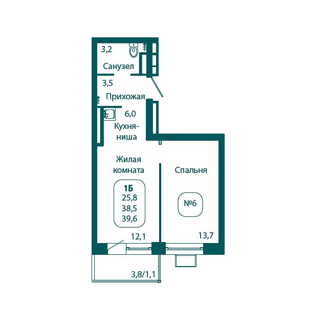 1 комн. квартира, 39.6 м², 15 этаж 