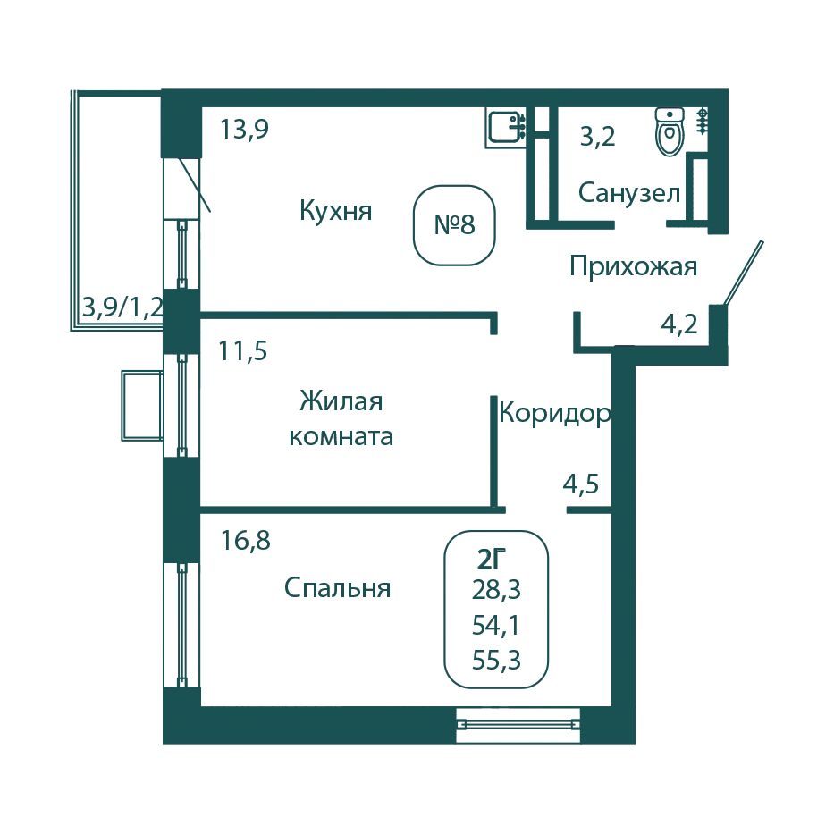 2 комн. квартира, 55.3 м², 15 этаж 
