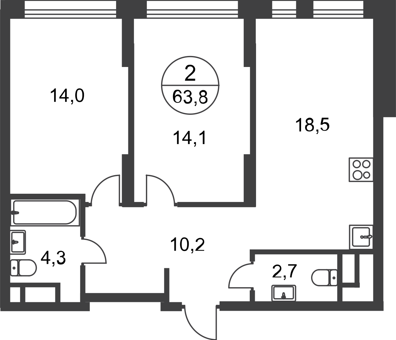 2 комн. квартира, 63.8 м², 2 этаж  (из 17)