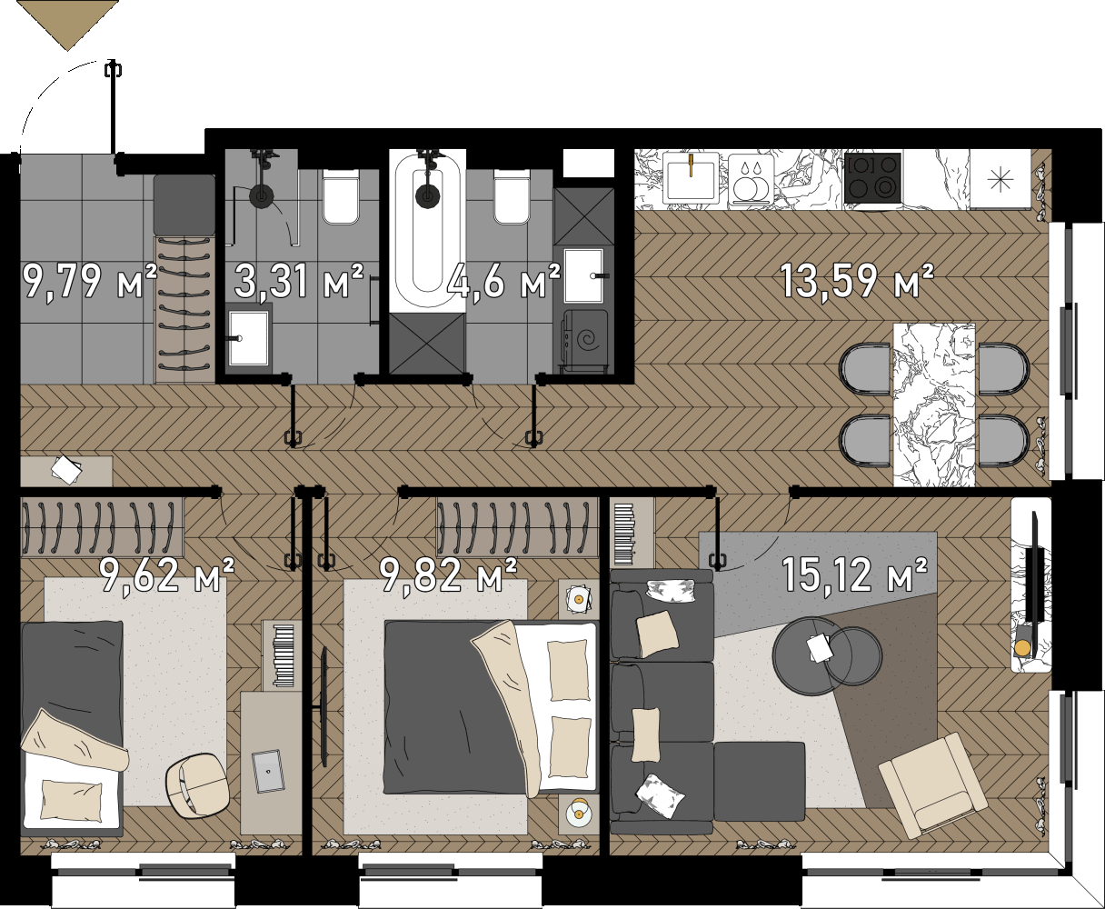 3 комн. квартира, 67.6 м², 10 этаж  (из 23)