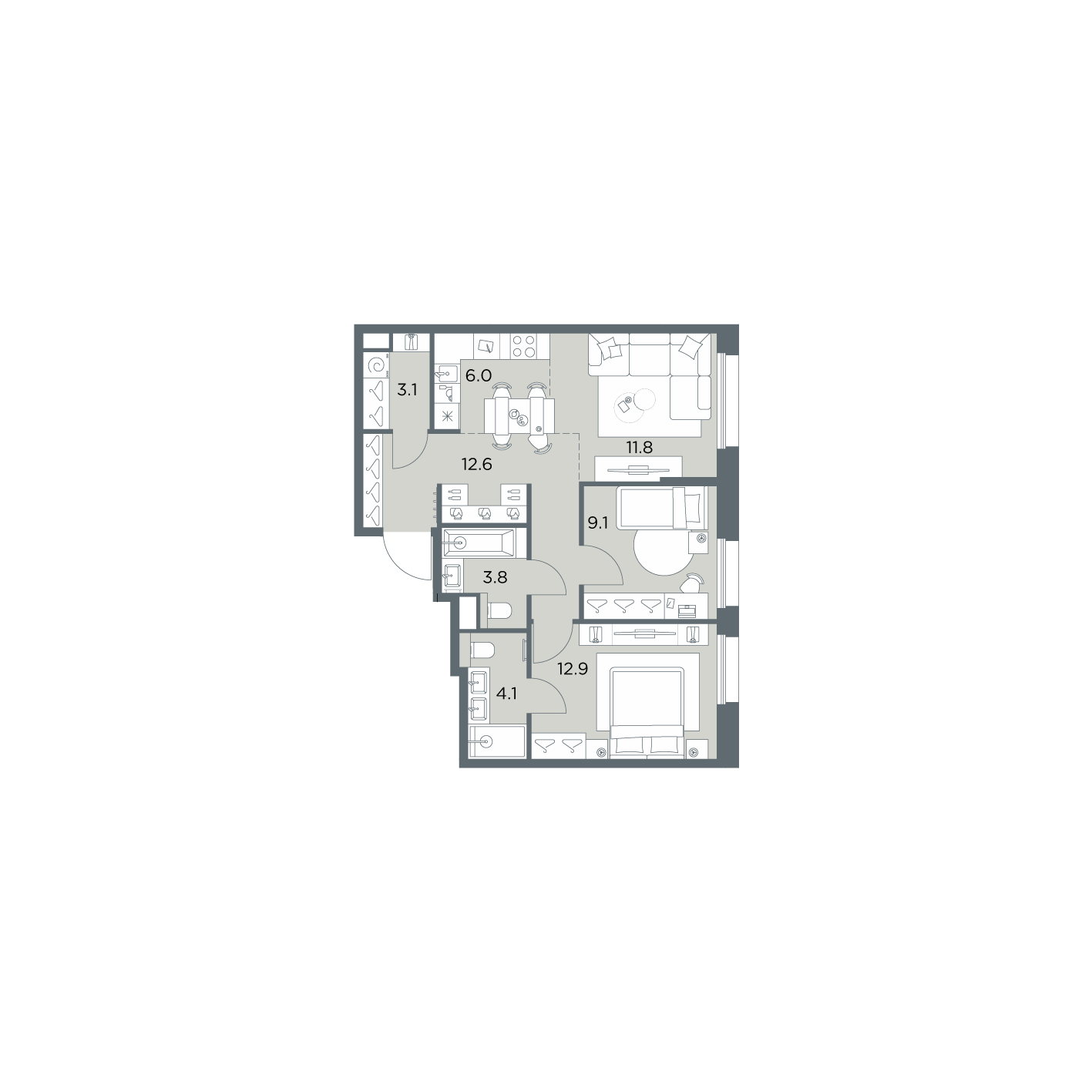 3 комн. квартира, 63.4 м², 5 этаж  (из 6)