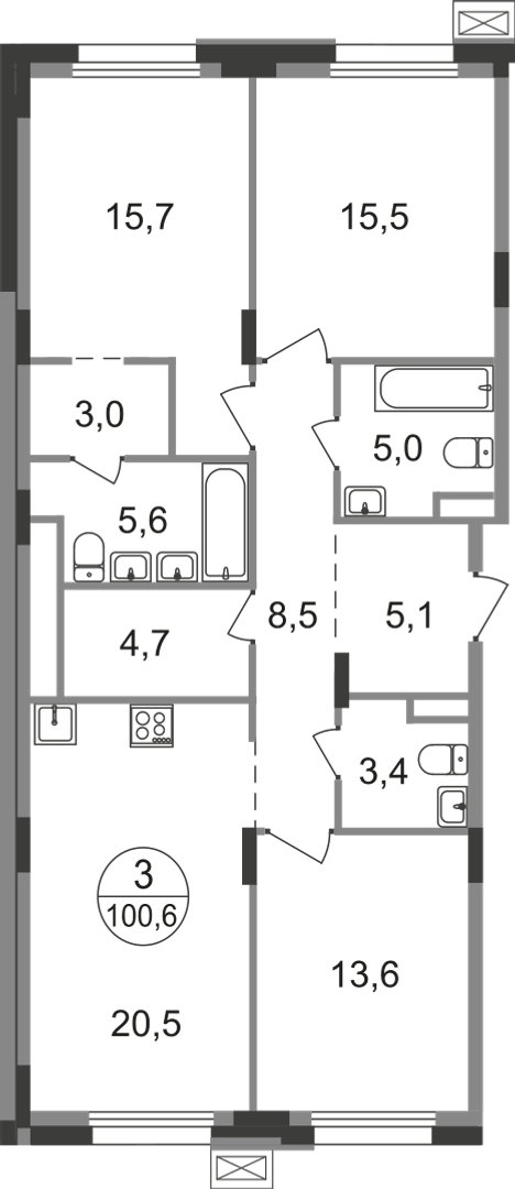3 комн. квартира, 100.6 м², 7 этаж  (из 9)