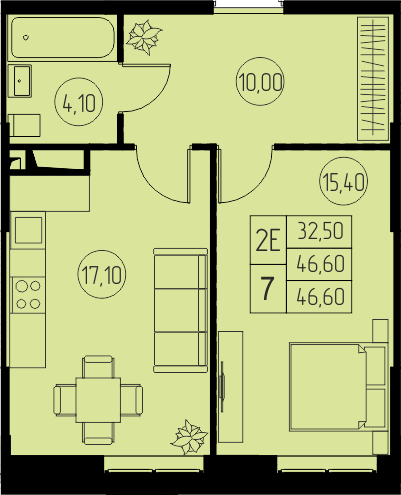 2 комн. квартира, 46.6 м², 8 этаж 