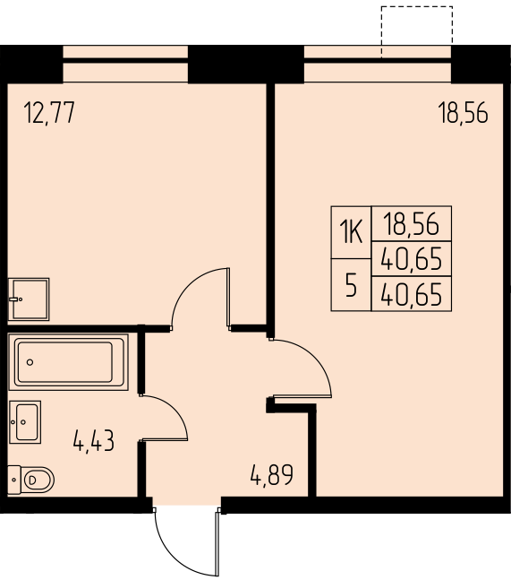 1 комн. квартира, 40.6 м², 20 этаж 