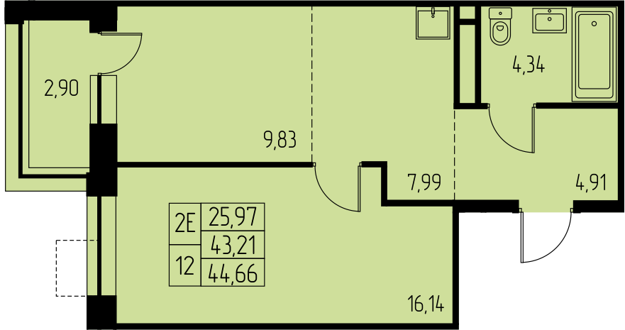 2 комн. квартира, 44.7 м², 21 этаж 
