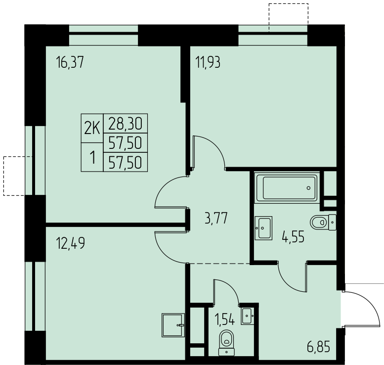 2 комн. квартира, 57.5 м², 6 этаж 