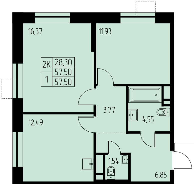 2 комн. квартира, 57.5 м², 16 этаж 