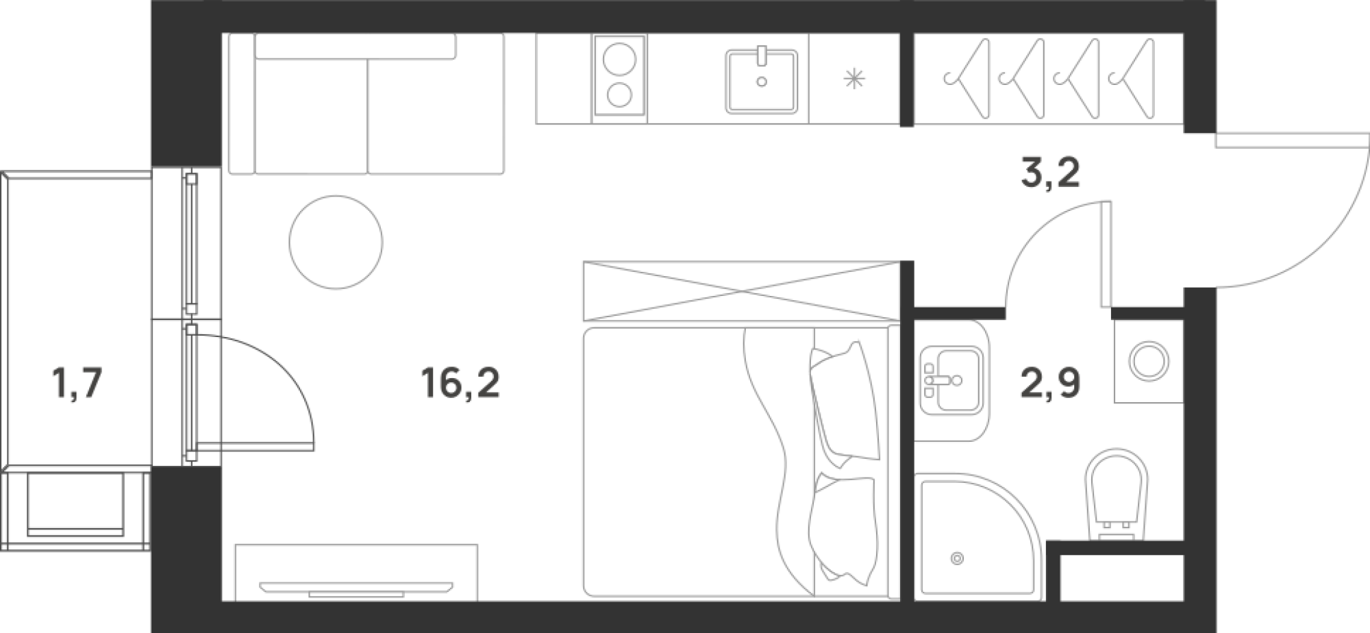 студия, 22.8 м², 11 этаж 