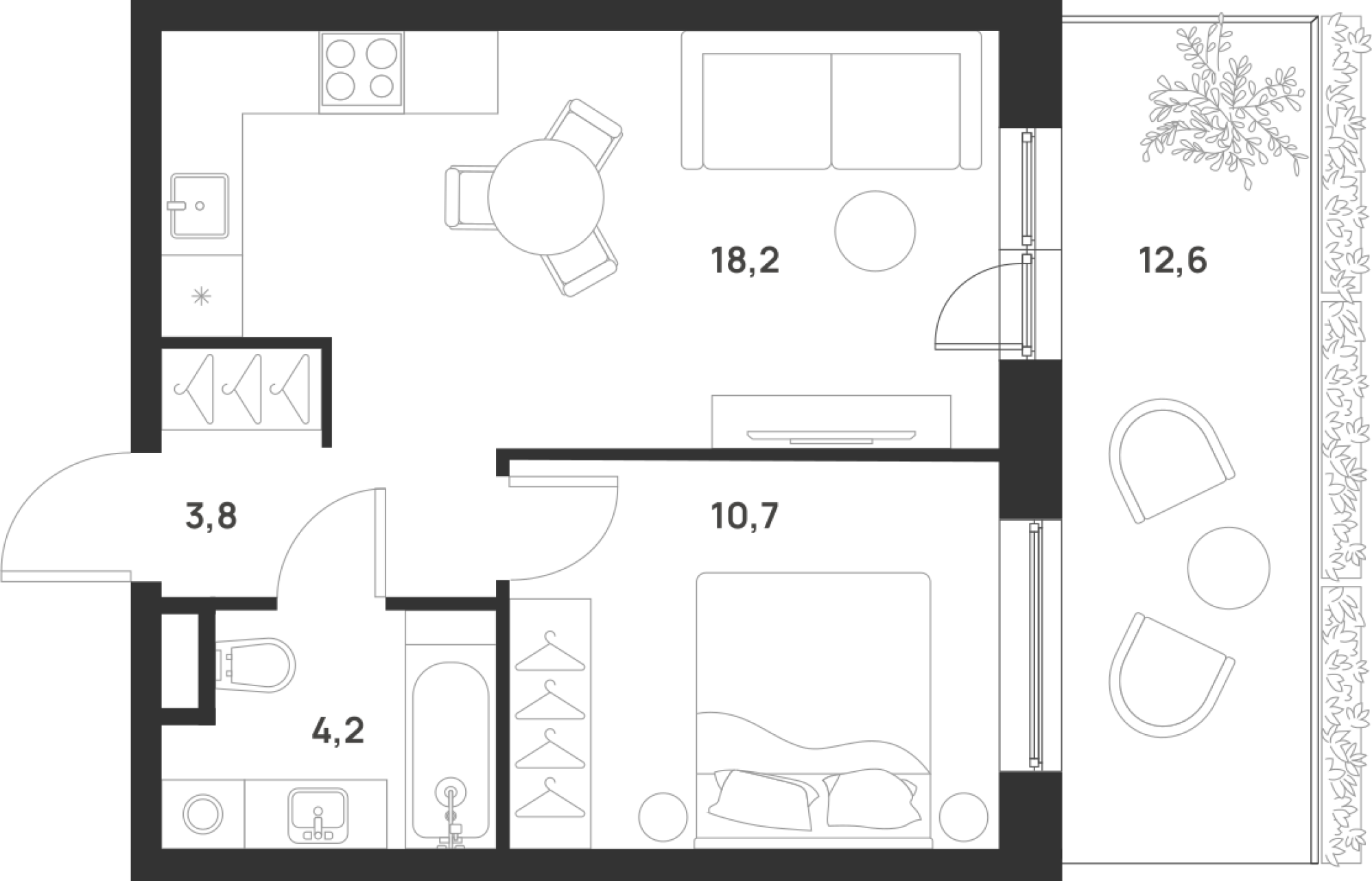 1 комн. квартира, 40.7 м², 1 этаж 