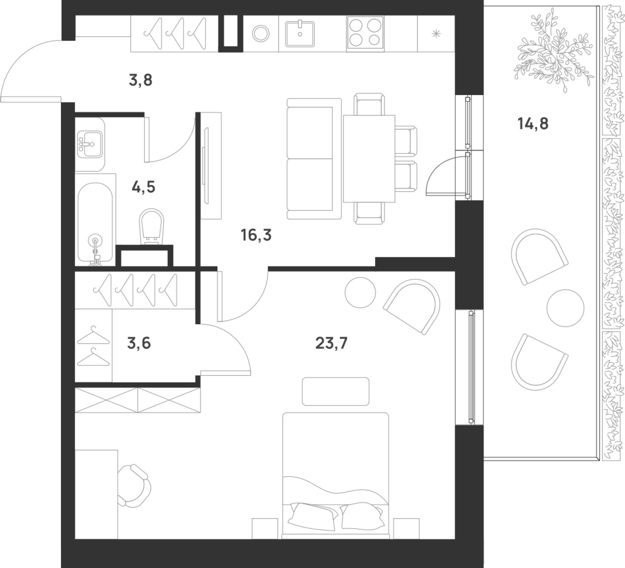 1 комн. квартира, 56.3 м², 1 этаж 