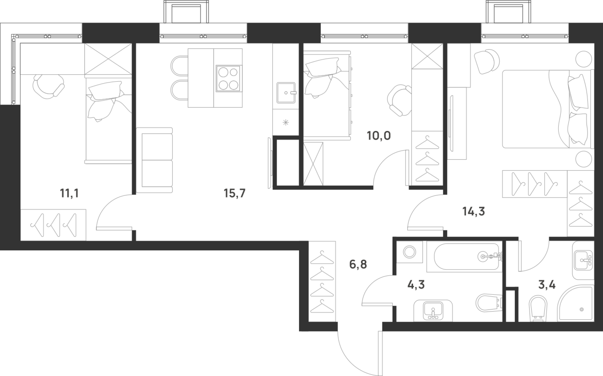 3 комн. квартира, 65.6 м², 14 этаж 