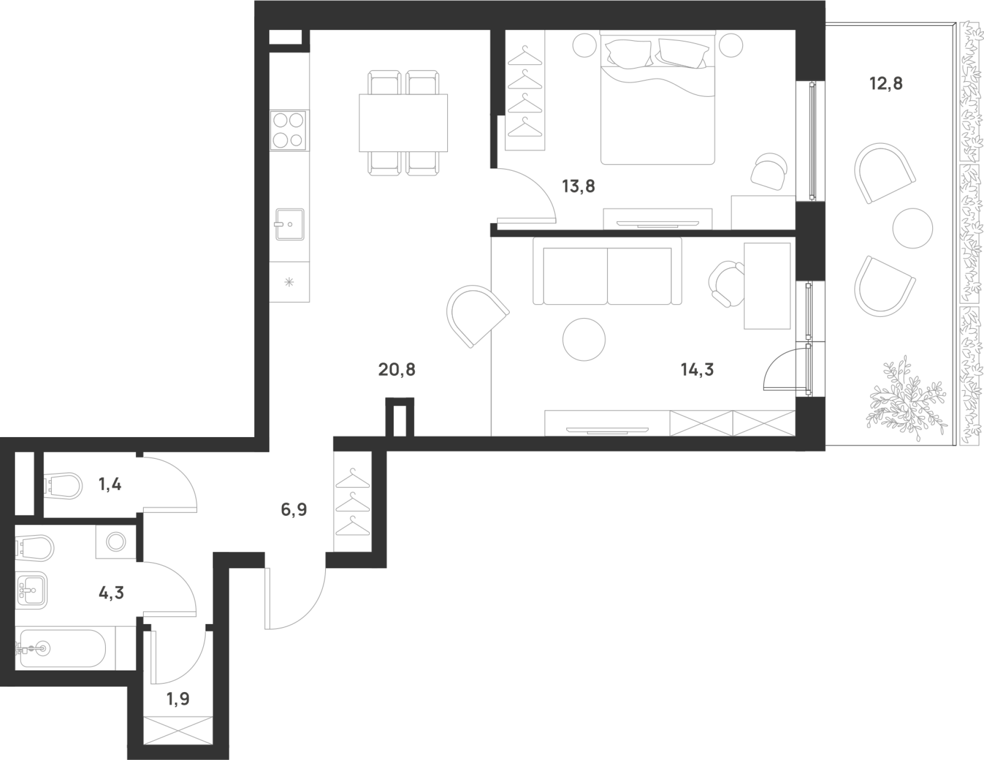2 комн. квартира, 67.3 м², 1 этаж 
