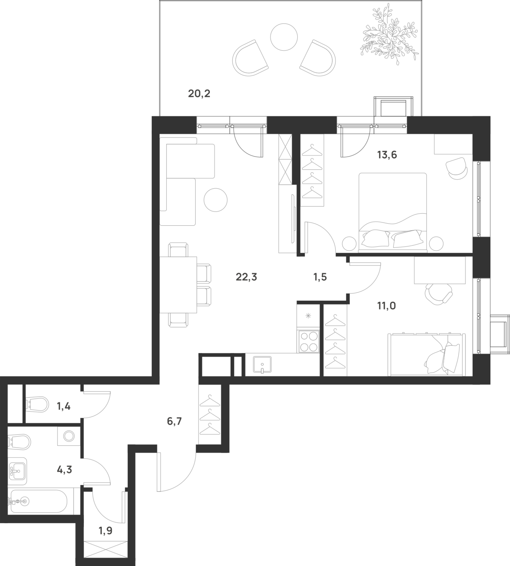2 комн. квартира, 68.8 м², 2 этаж 