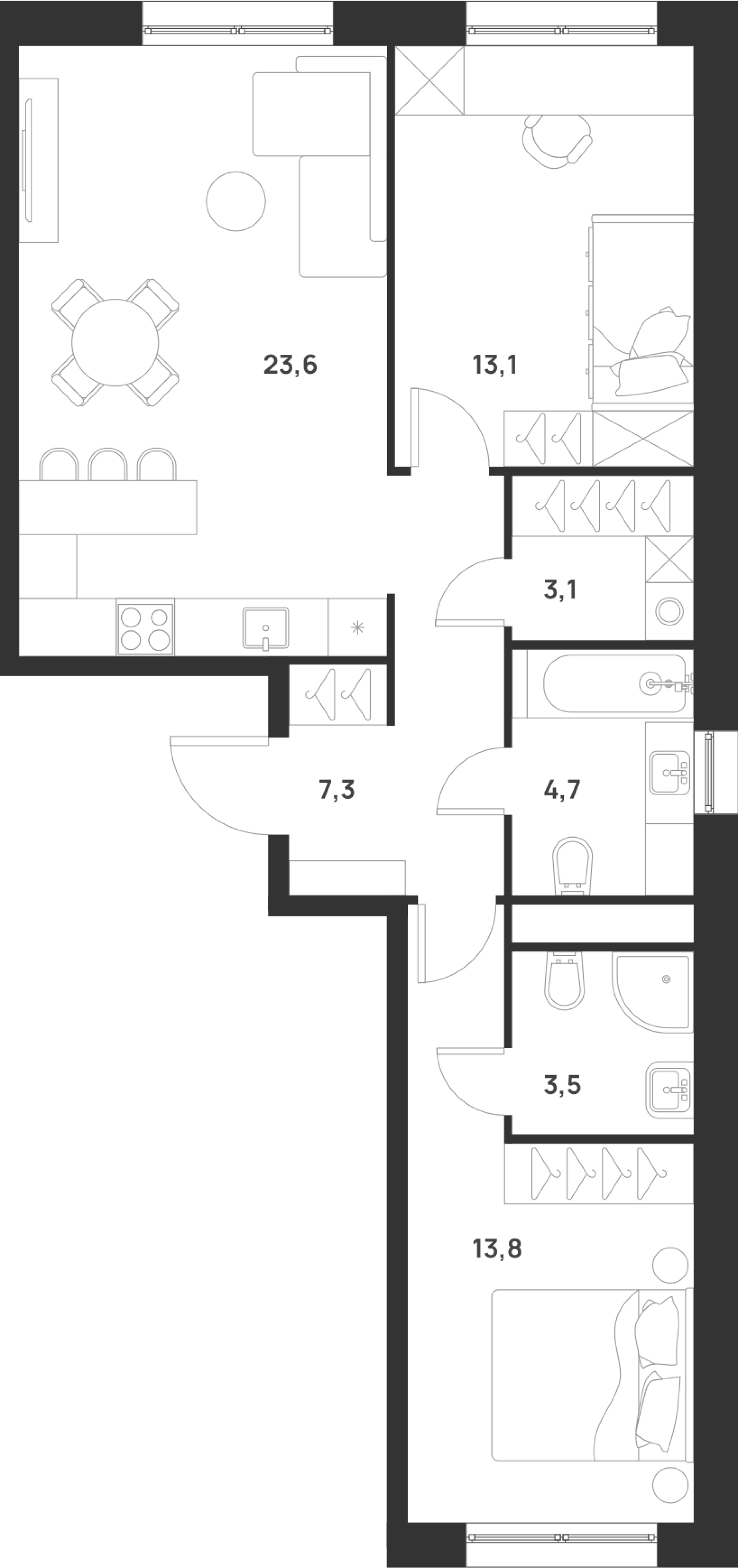 3 комн. квартира, 69.1 м², 2 этаж 