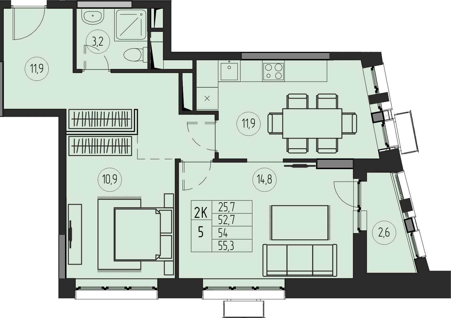 2 комн. квартира, 54 м², 20 этаж 