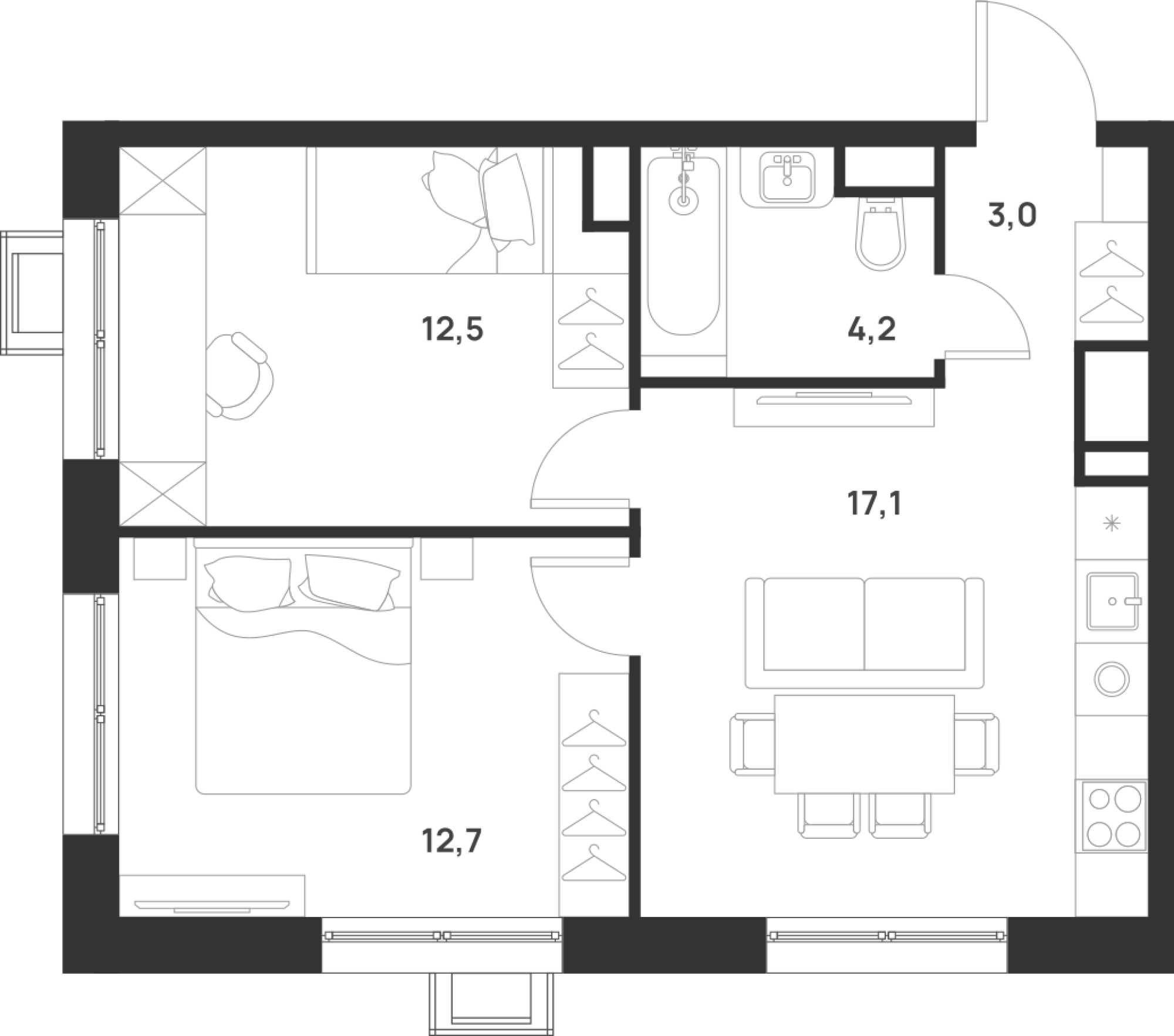 2 комн. квартира, 49.5 м², 11 этаж 