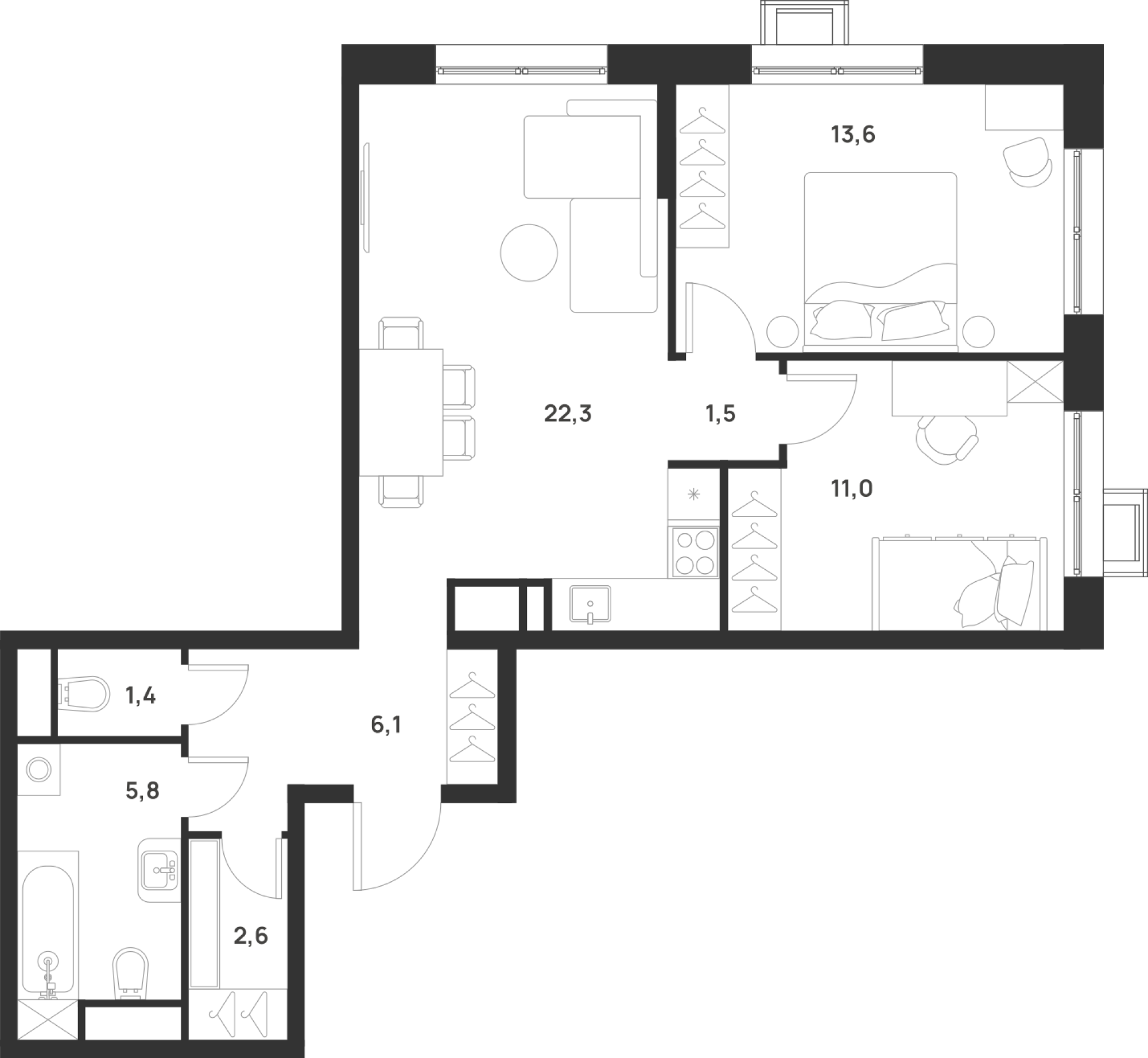 2 комн. квартира, 64.3 м², 12 этаж 