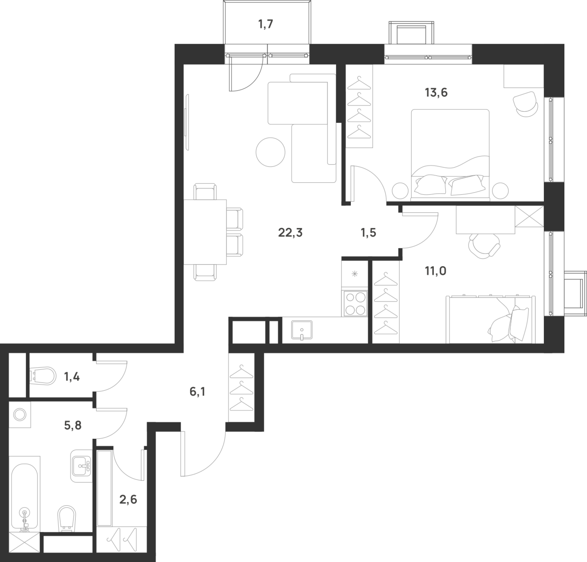 2 комн. квартира, 64.8 м², 9 этаж 