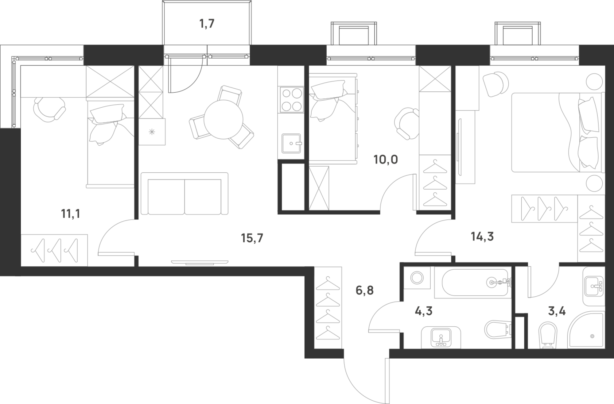 3 комн. квартира, 66.1 м², 3 этаж 