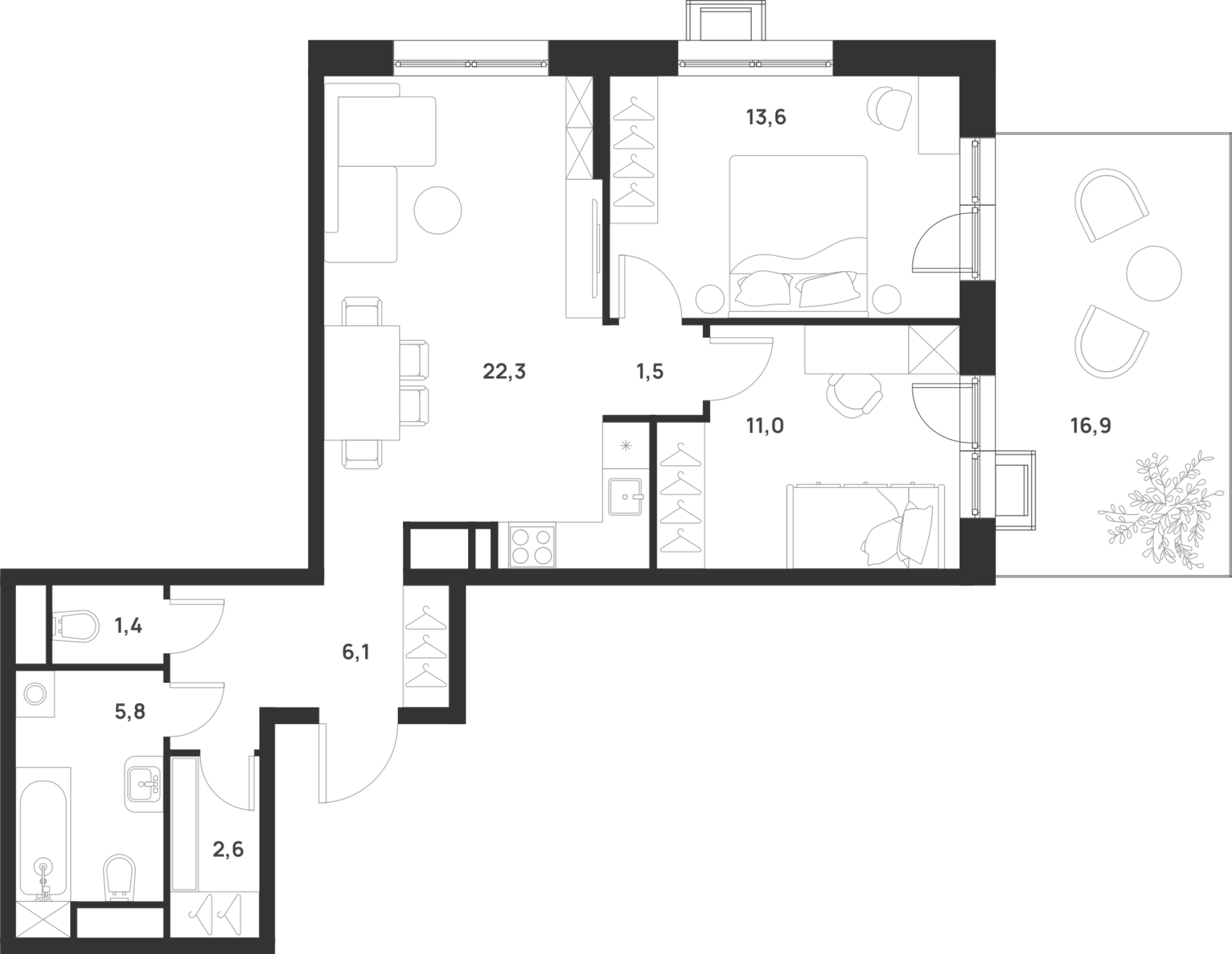 2 комн. квартира, 69.4 м², 2 этаж 