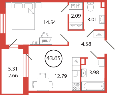 1 комн. квартира, 43.6 м², 8 этаж 