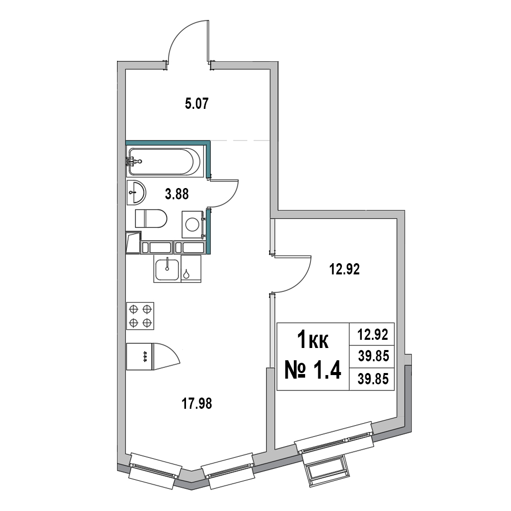 1 комн. квартира, 39.9 м², 1 этаж 
