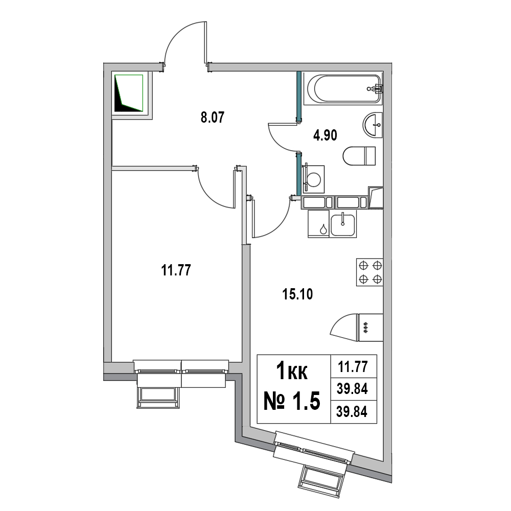 1 комн. квартира, 39.8 м², 1 этаж 