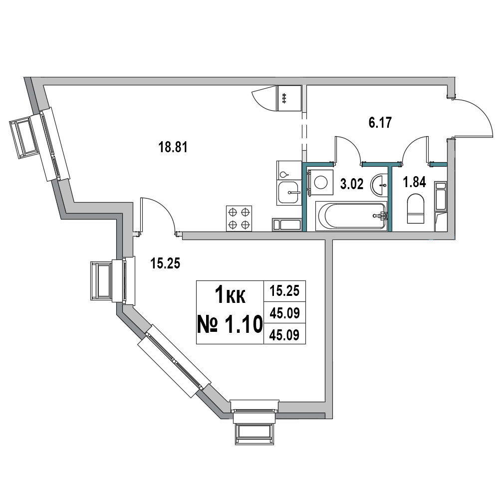 1 комн. квартира, 45.1 м², 1 этаж 