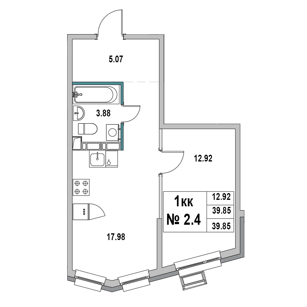 1 комн. квартира, 39.9 м², 2 этаж 