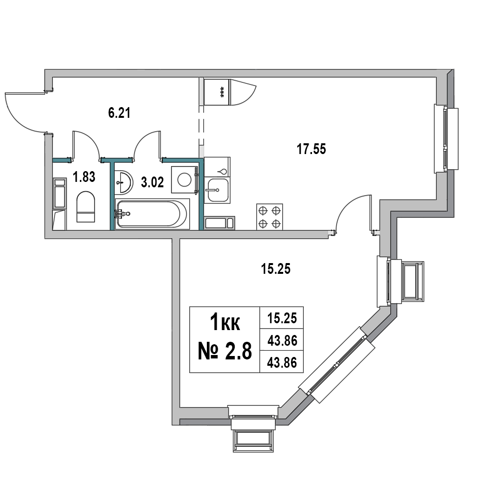 1 комн. квартира, 43.9 м², 2 этаж 
