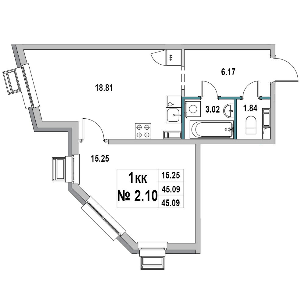 1 комн. квартира, 45.1 м², 2 этаж 