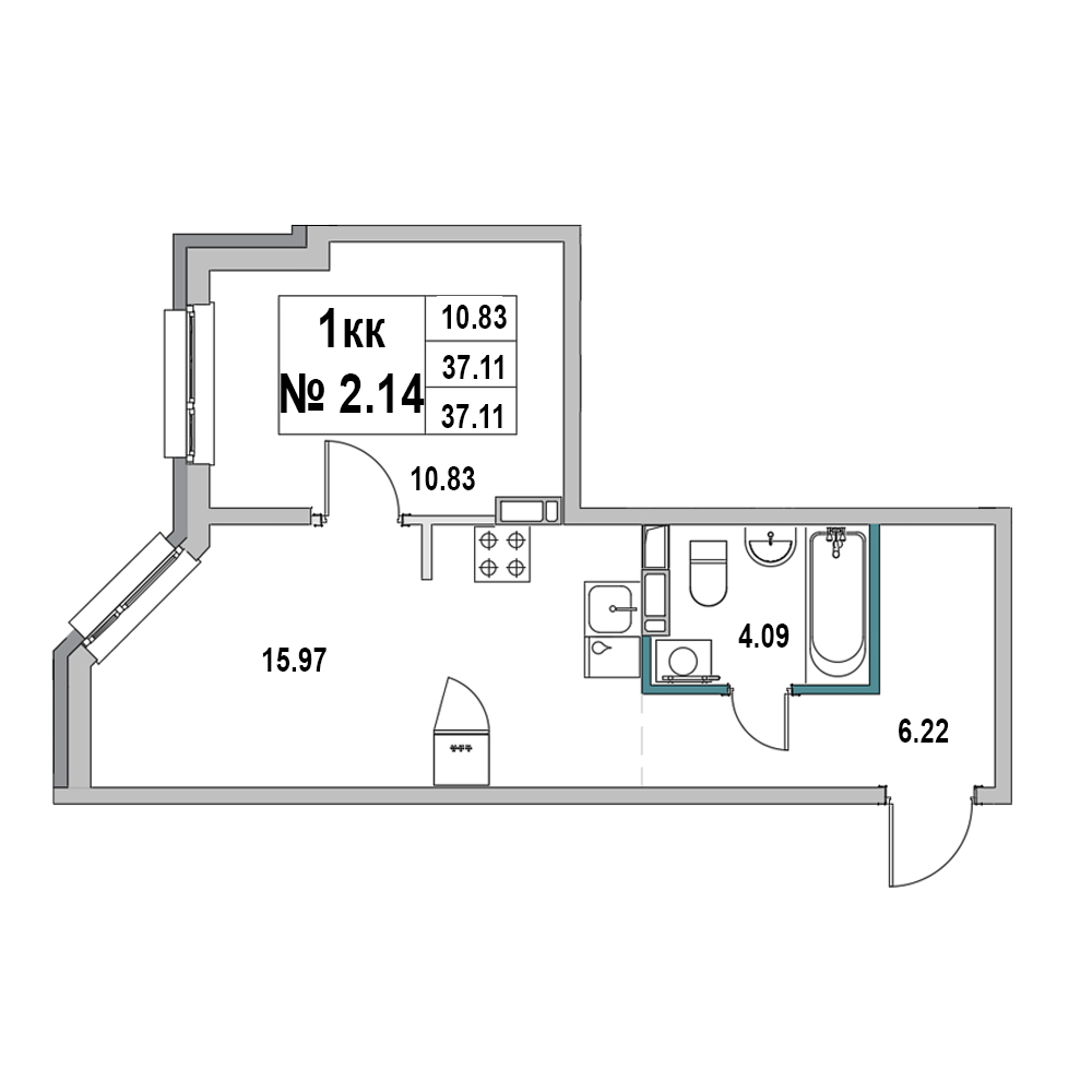 1 комн. квартира, 37.1 м², 2 этаж 
