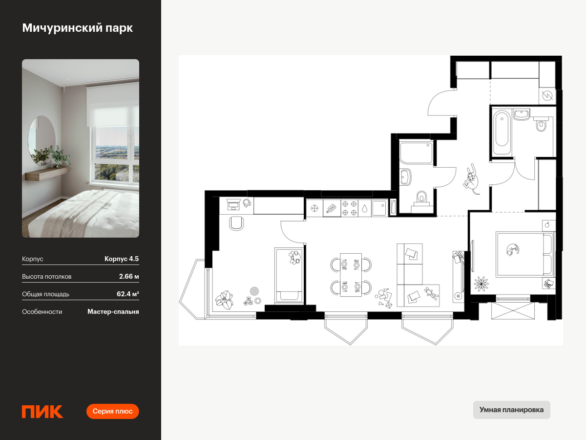 2 комн. квартира, 62.4 м², 15 этаж  (из 32)